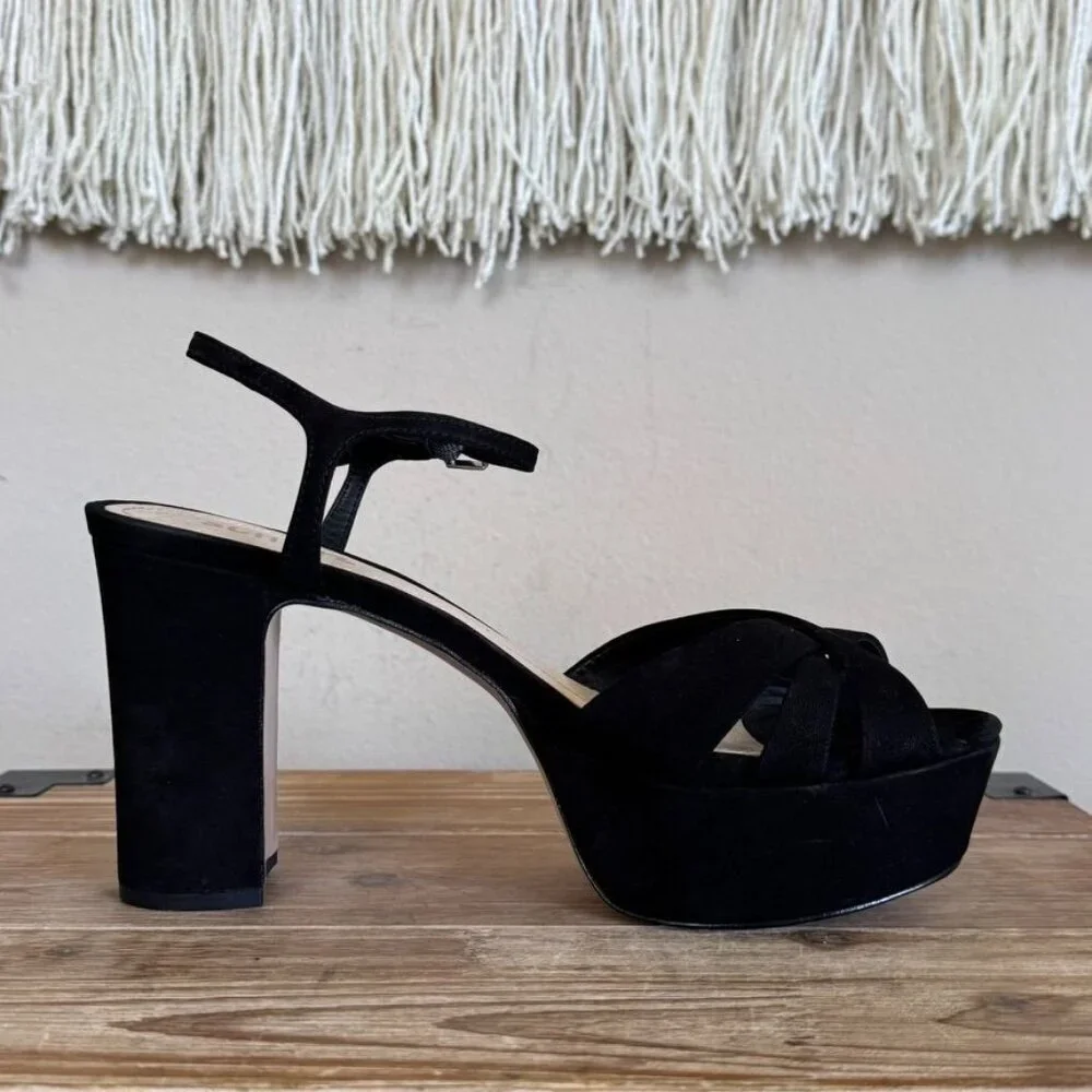 SCHUTZ Keefa Black Suede Open Toe Ankle Strap Platform 70s Evening Sandal Size 8